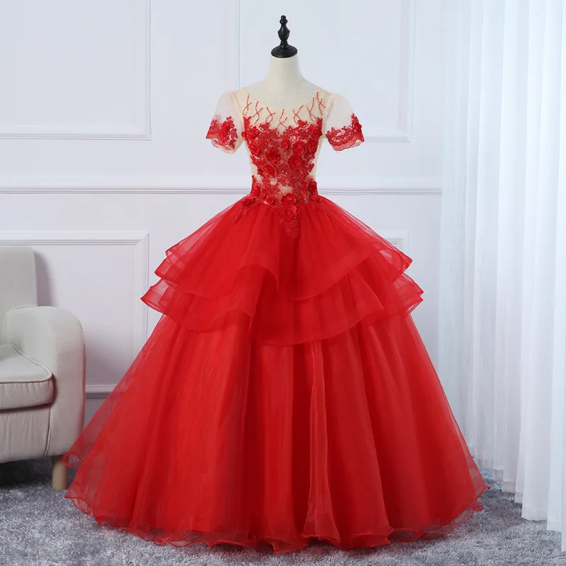 

Newest Red Quinceanera Dresses Classic Ball Gowns With Short Sleeve Elegant Floor-length Sweet Lace Applique Sukienka Balowa