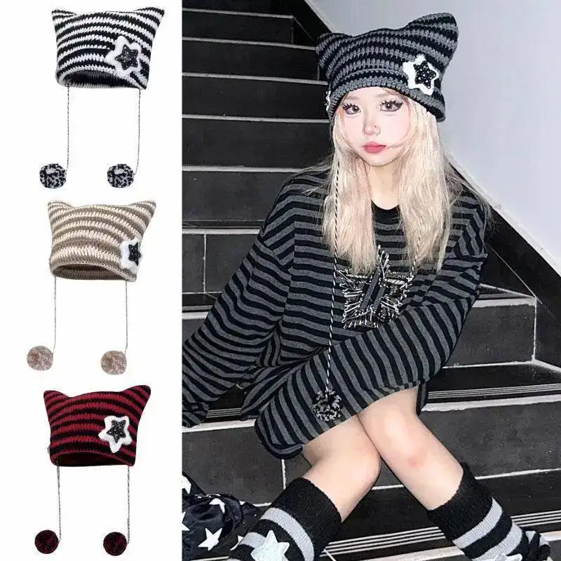 5Colors New Autumn/Winter Warm Hats Gothic Lolita Cute Devil Cat Ear Fluffy Pom-Poms Crochet Beanies Glitter Star Ear Flap Hat