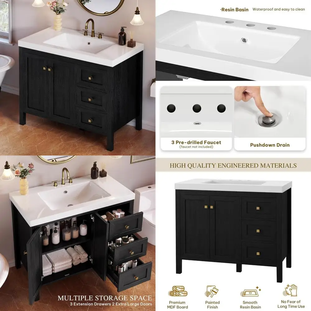 طقم زينة حمام حديث مقاس 42 بوصة مع حوض، وخزانة تخزين، وحوض راتنج، وثلاث فتحات