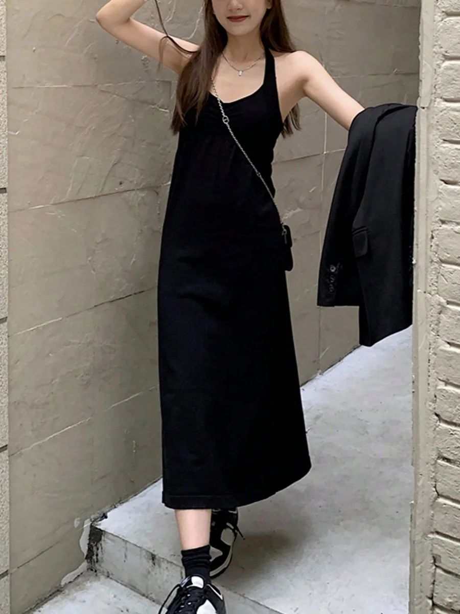 Elegante Vestido Midi Negro Minimalista de Verano para Mujer, Sin Mangas, con Cuello Halter, Cintura Ajustada, Estilo Casual Francés
