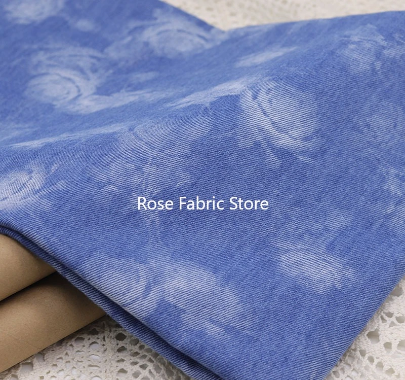 1 meter vintage rose print washed denim fabric for jeans, jackets, shirts, girls' dresses, clothing fabrics, and DIY sewing.