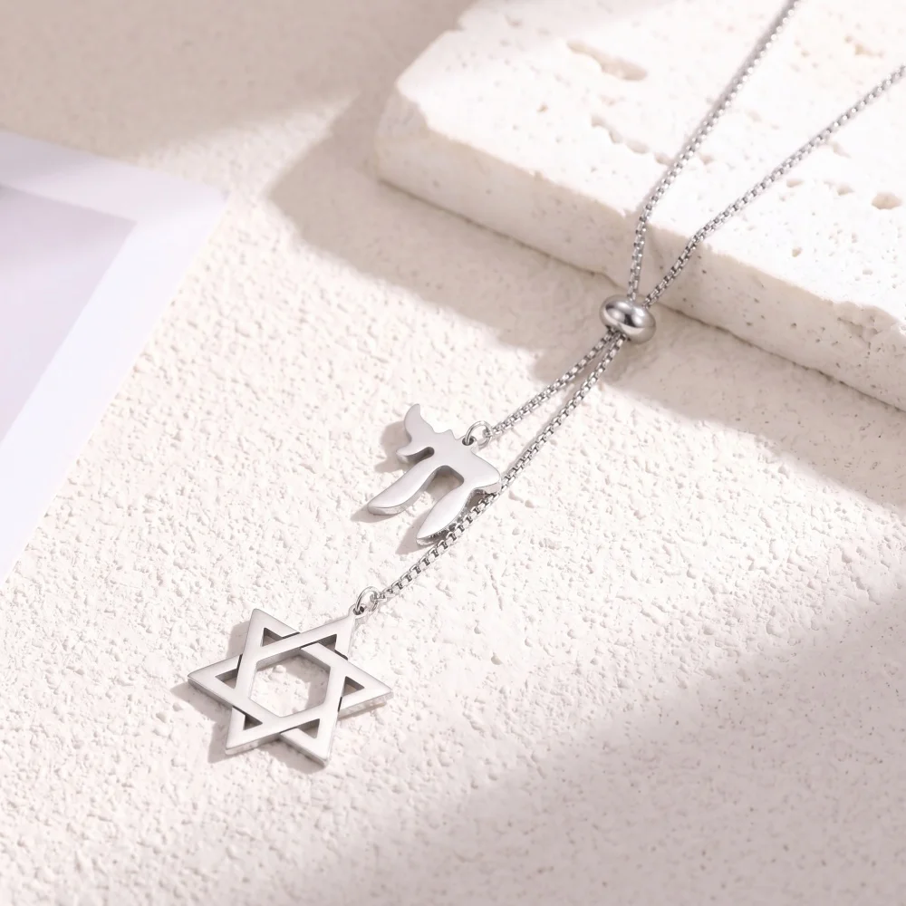 Hexagram Star David Star Necklace 304 Stainless Steel Hebrew Letter Chai Symbol Adjustable Necklace Jewelry