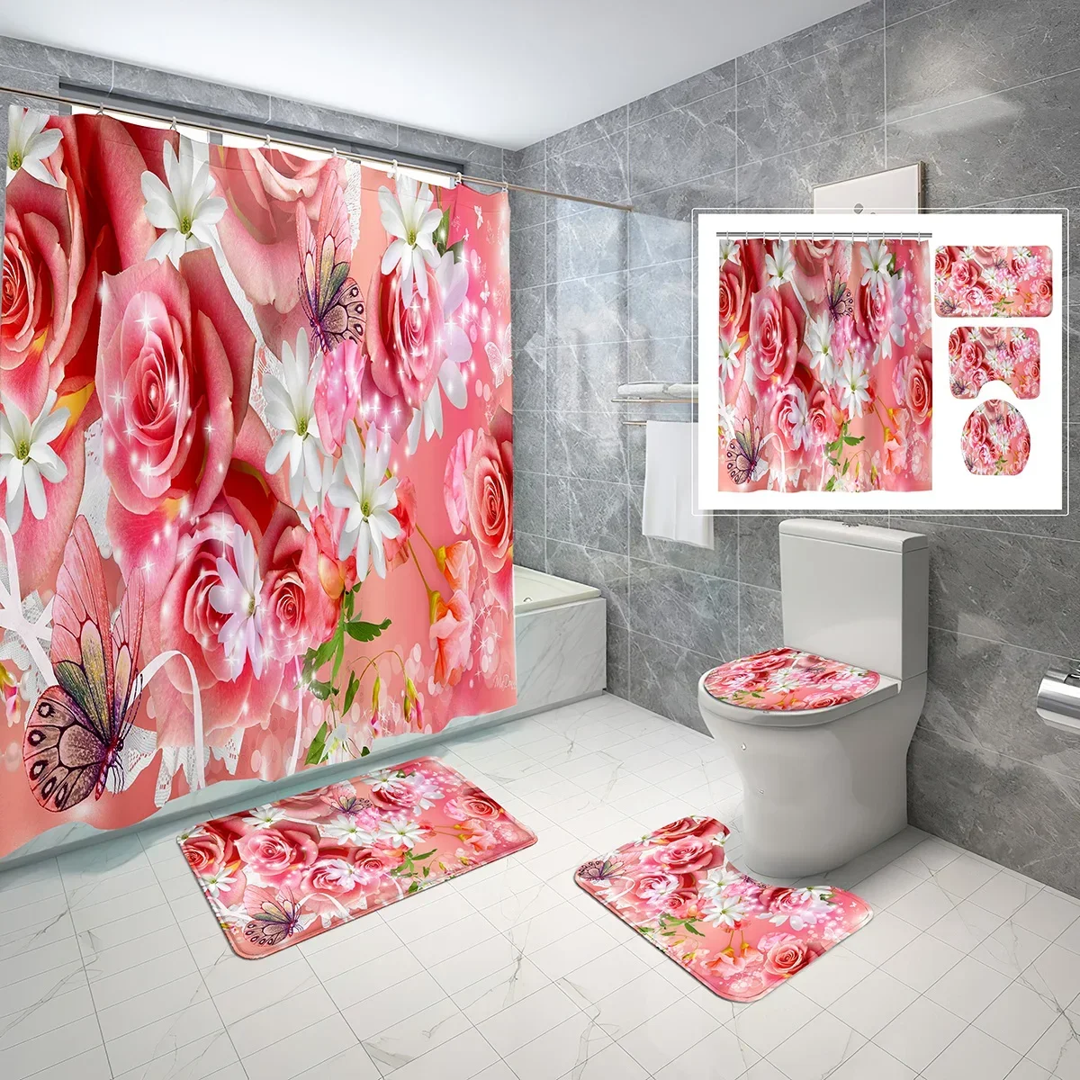 4 Pcs Rose Shower Curtain Set Romantic Lover Pink Rose Floral Flowers with Non-Slip Rugs Toilet Lid Cover and Bath Mat Sets