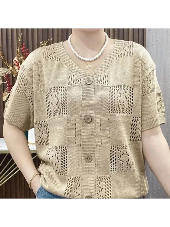Elegant Thin Knitted Short Sleeve Hollow out Light Mature Spring Summer New Style Women's Midlife Mommy Top Soft Polyester