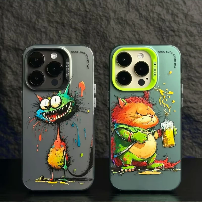 Oil Painting Fat Cat Puppy Phone Case for iPhone 14 15 Pro Max 11 12 13 X XR XSMax 7/8 Plus Laser Plated Shockproof Bumper Cover