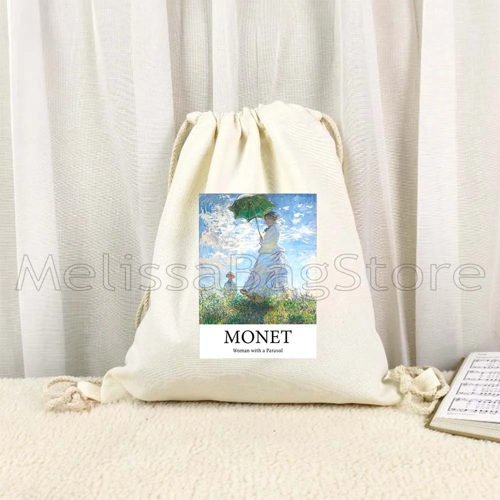 Claude Monet Water Lilies River Flowers Sunflowers Sunset Sunrise Landscape Art Painting Drawstring Bag Soccer Backpack Sackpack