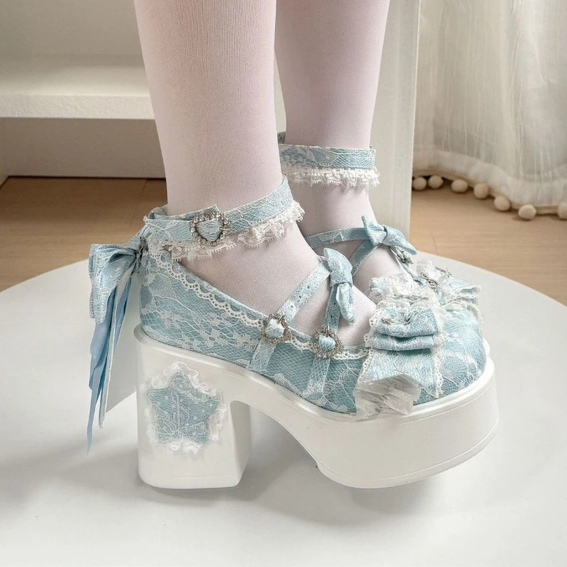 Japanese Kawaii Lolita Style High Heels Women Cute Lace Round Head Bow Ruffles Mary Jane Shoes Harajuku Y2k Birthday Party Pumps