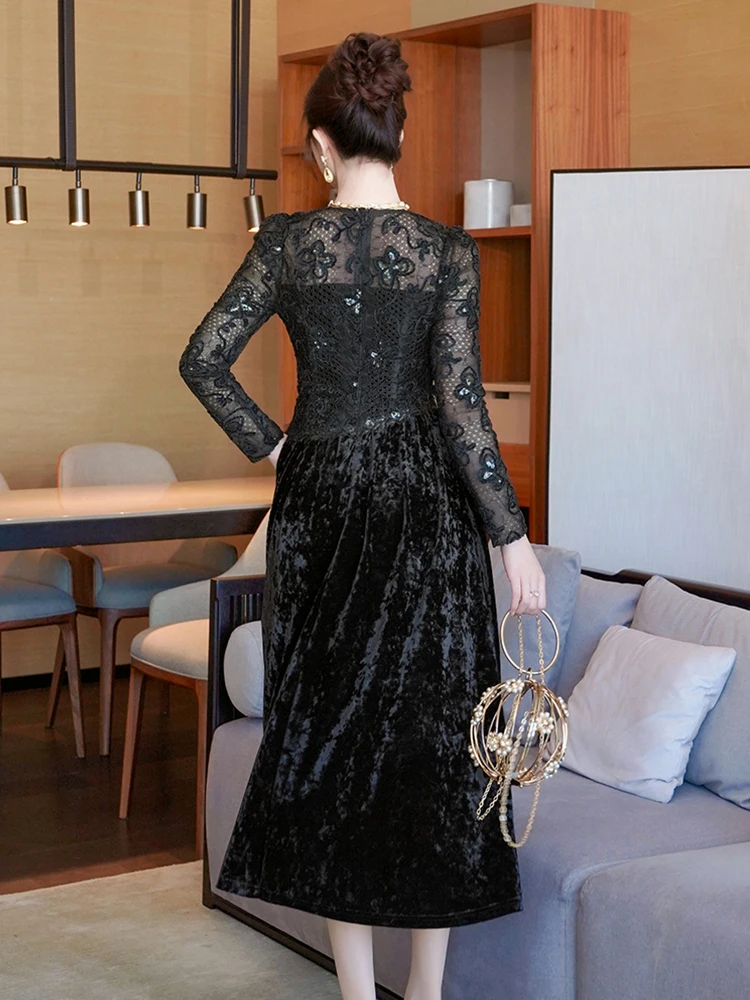 Feminino falso 2 peças retro veludo renda pura sexy gola quadrada magro a linha vestido de noite festa de formatura senhora roupas moda robe novo