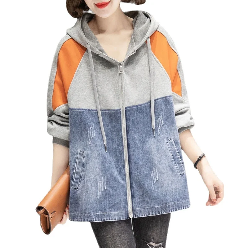 

denim Hooded jacket women's and autumn 2023 new casual all-match top stitching fashion short spring