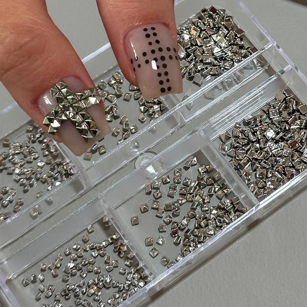 New 6 Grids/Box Nail Art Rivets Kit Silver Metal Spike Studs Nail Art Sequins Set Square 3D Nail Charms Decorations Punk