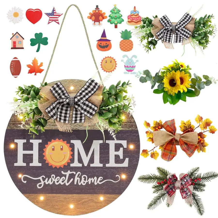 

Seasonal Welcome Sign Front Door Decoration with 4 Seasonal Wreaths and LED Light, Rustic Round Wood Wreaths Wall Hanging Outdoo
