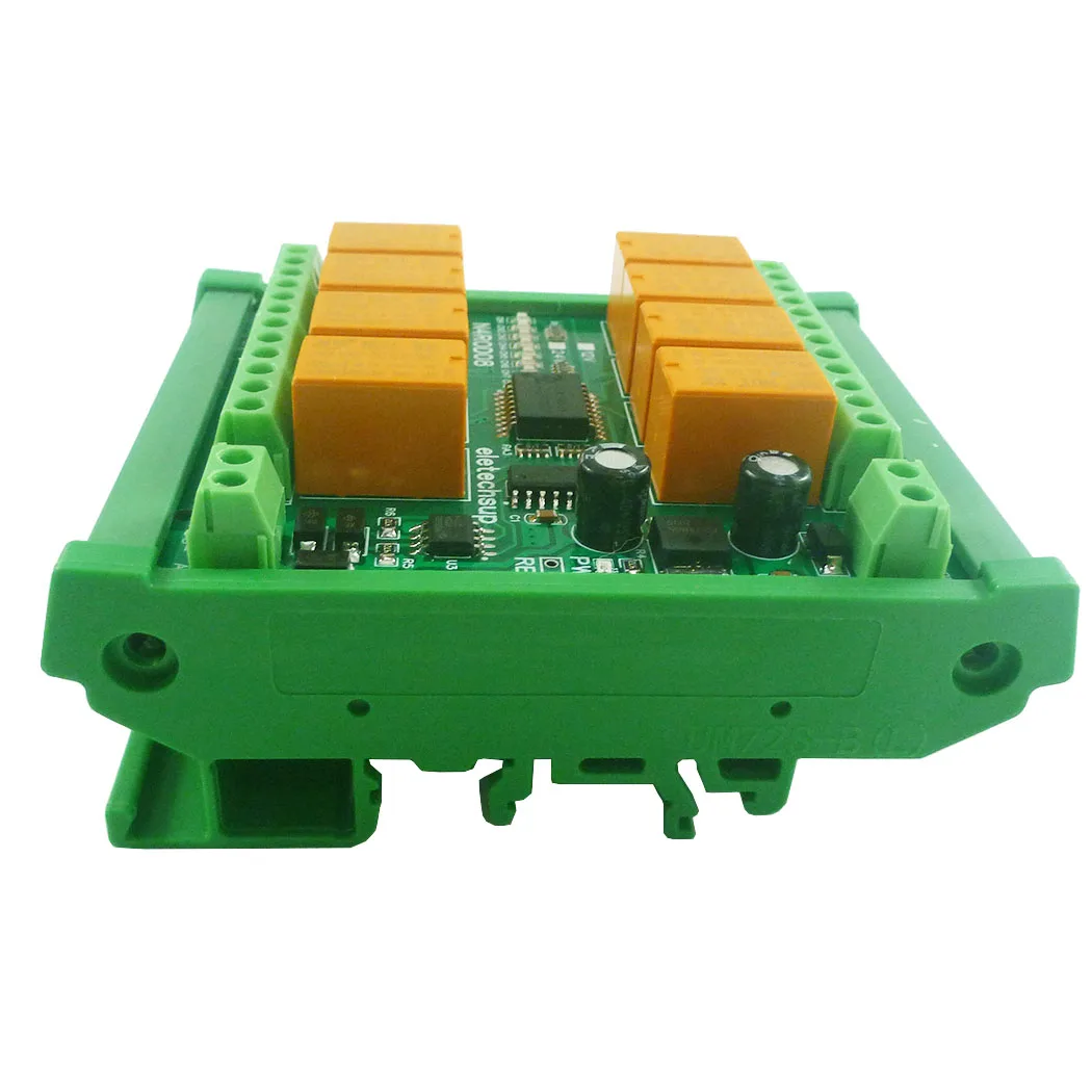 DIN C35 Relé Board, Rail Mount Box para PLC, HMI, DC 12V-24V, 8 Canais, Tamanho Micro, Baixo Consumo de Energia, RS485, RS422