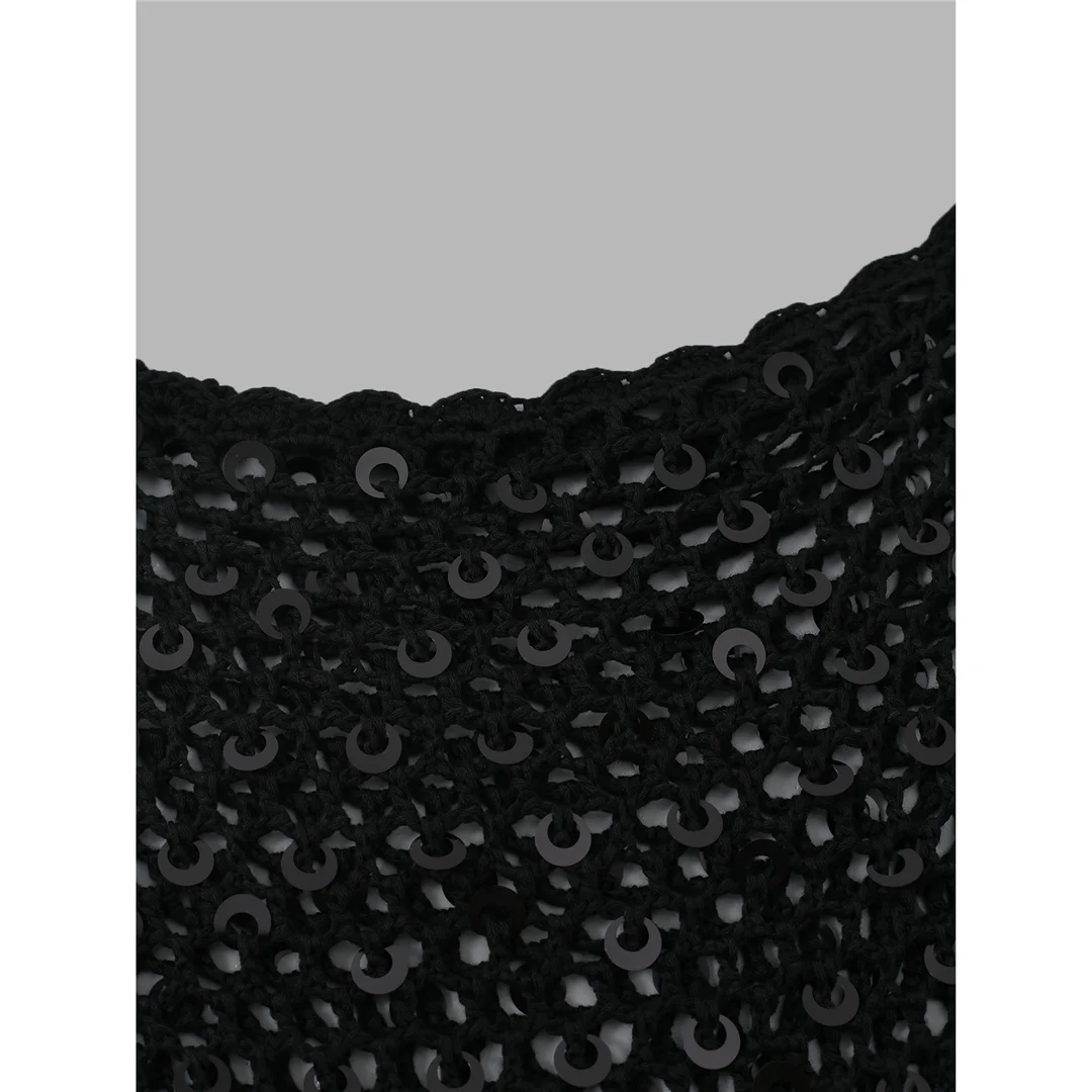 XS - XL Quasten Pailletten Einfarbige Häkel- und Strick-Tunika Strand-Überwurf Strandtop Strandkleidung Damen V8287 – Detail 21