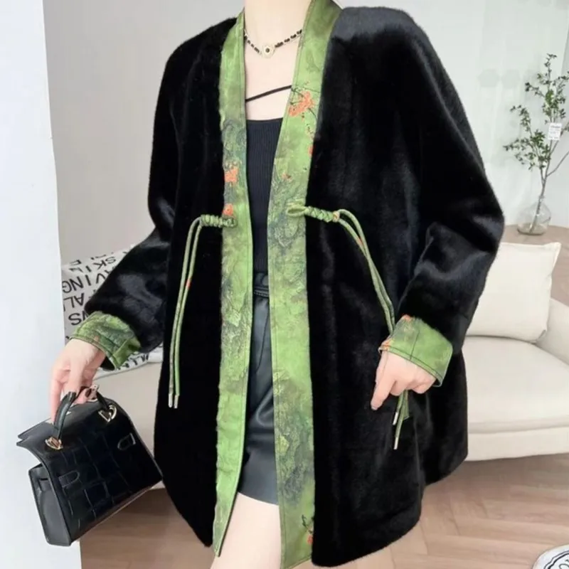 

2025 женское женское пальто из искусственного норкового меха, зимнее утолщенное теплое пальто с хлопковой подкладкой, верхняя одежда с широкими рукавами и плюшевым мехом, подарок для мамы