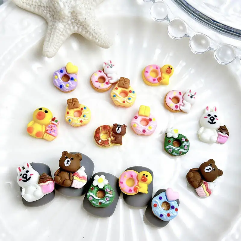 20PCS Cartoon Colored Donuts Resin Nail Art Decorations Painted Animal Cakes Desserts Nail Charms for Making DIY Manicure Crafts
