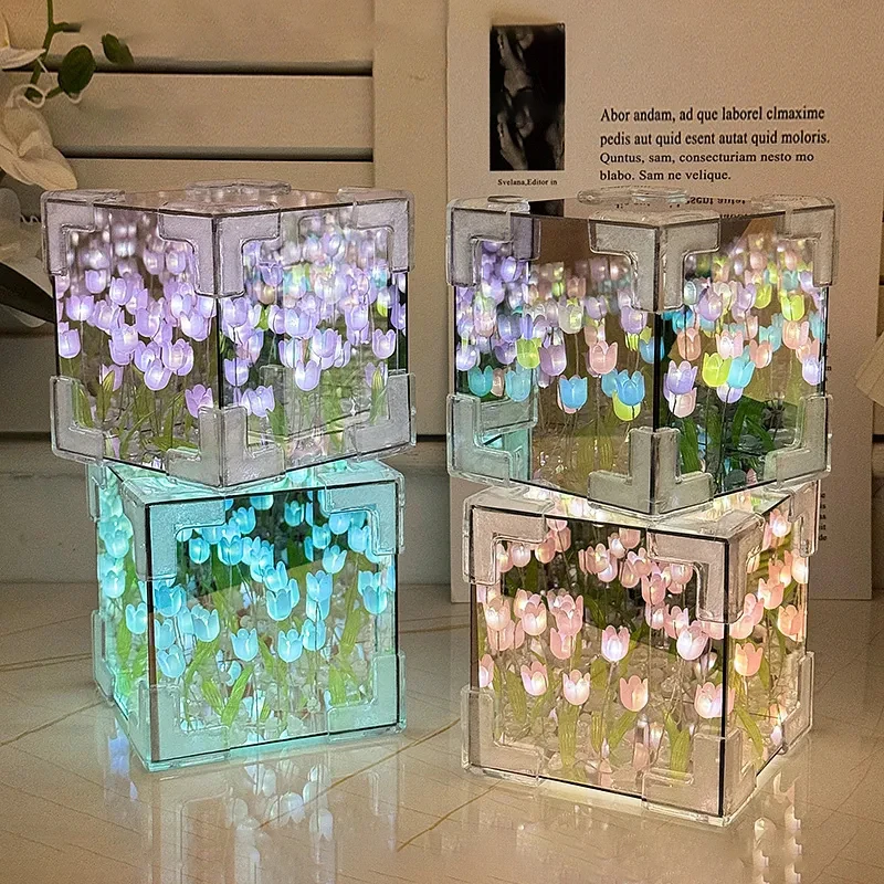 لتقوم بها بنفسك توليب مرآة مكعب مصباح محاكاة ارتفع ليلة ضوء غرفة نوم الجدول مصباح Led أضواء الزخرفية عيد ميلاد هدية الكريسماس نومليك #5