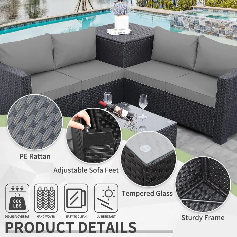 Outdoor Patio Furniture Set 4 Piece Black Rattan Sectional Loveseat Couch Conversation Sofa with Storage Box Glass Top Table