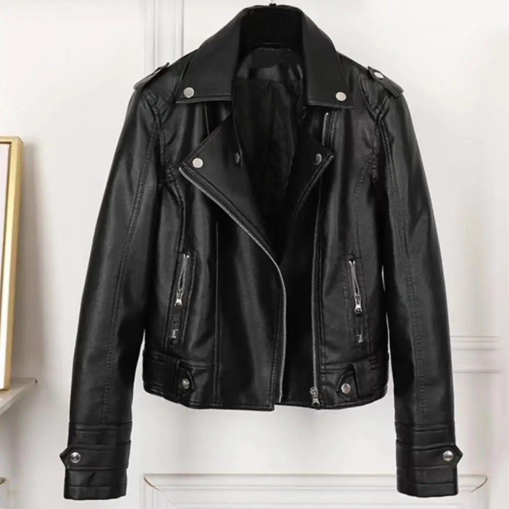 Women's Jacket Faux Leather Smooth Finish Lapel Zipper Long-sleeved Motorcycle Coat Travel Coat