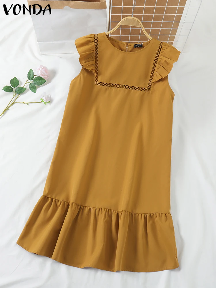 

VONDA Summer Mini Dress Women Solid Color Sundress Flying Sleeve Ruffled Vestidos 2025 Female Casual A-Line Robe Oversized