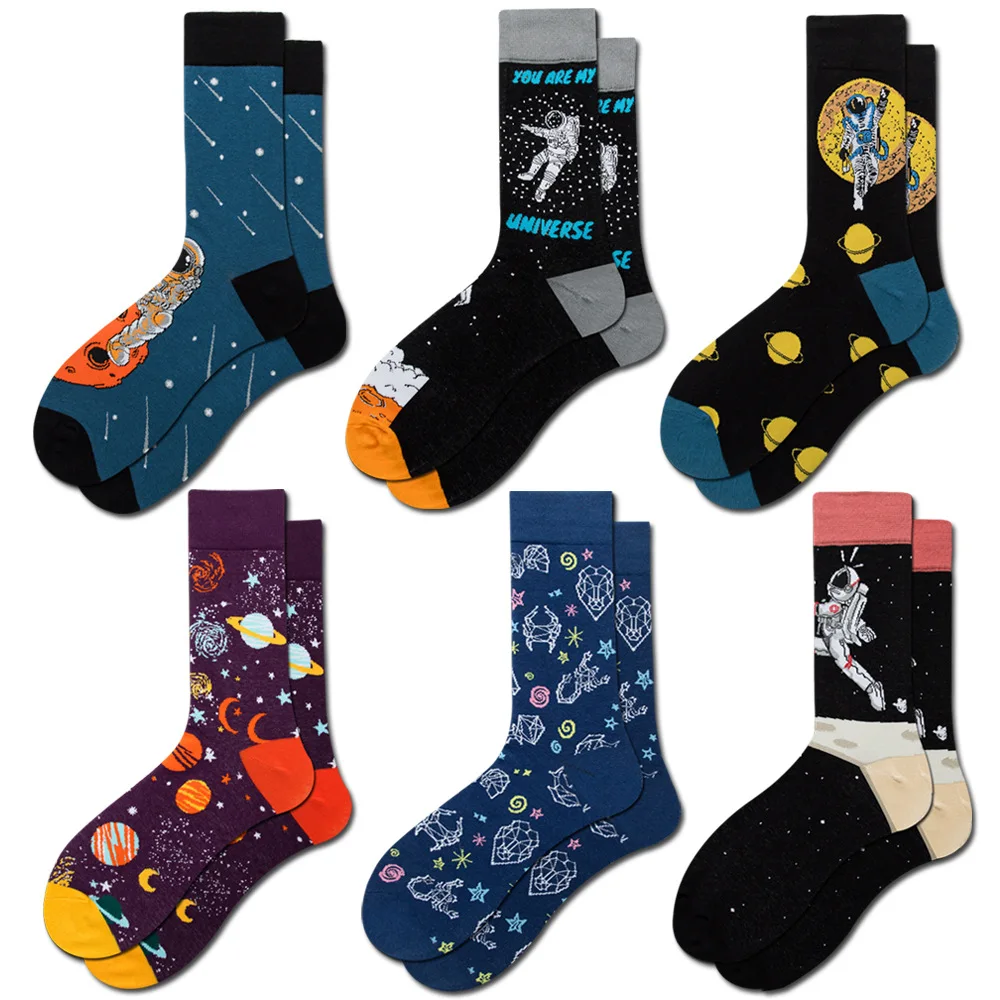 High Quality Socks The new universe series men\'s planet Funny Happy astronaut Novelty Skateboard Crew Casual Socks