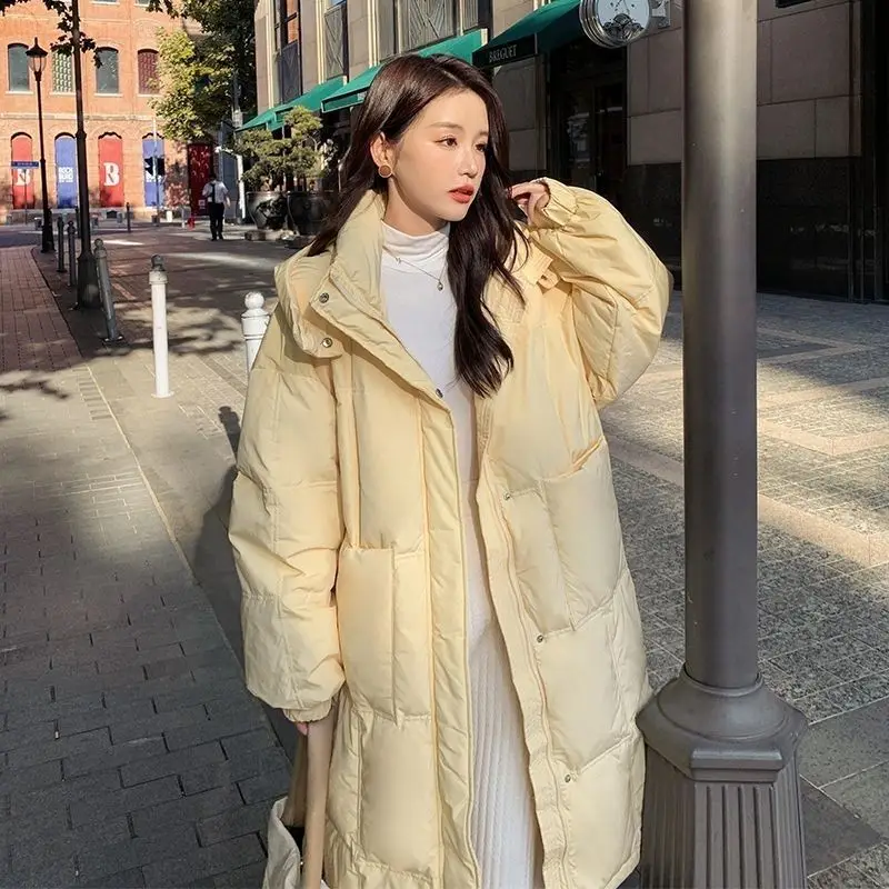 New Women White Duck Down Jacket Winter Coat Female Solid Color Large Pocket  Parkas Loose Hood Outwear Thick Warm Overcoat