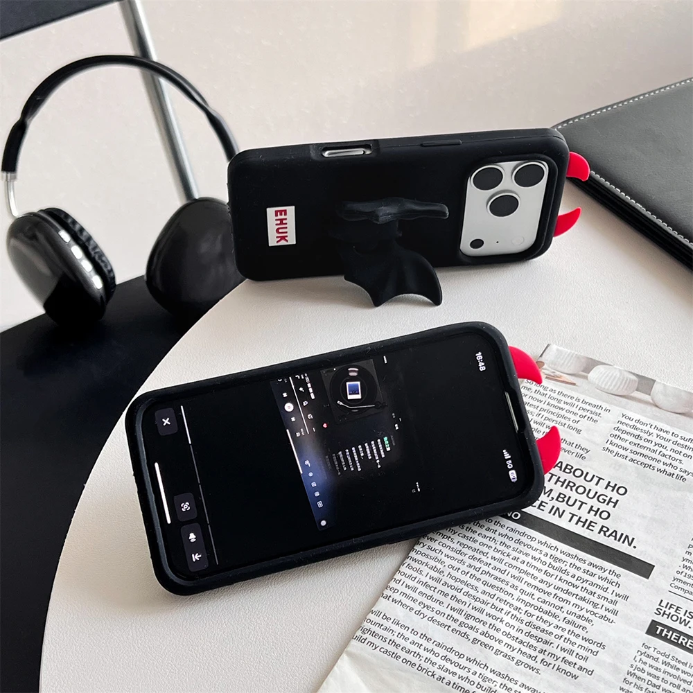 3D Teufel Hörner Fledermaus Weiche Silikon Ständer Halter Telefon Fall Für iPhone 16 Plus 17 15 14 13 12 Pro max Lustige Stoßfest Zurück Abdeckung – Detail 7