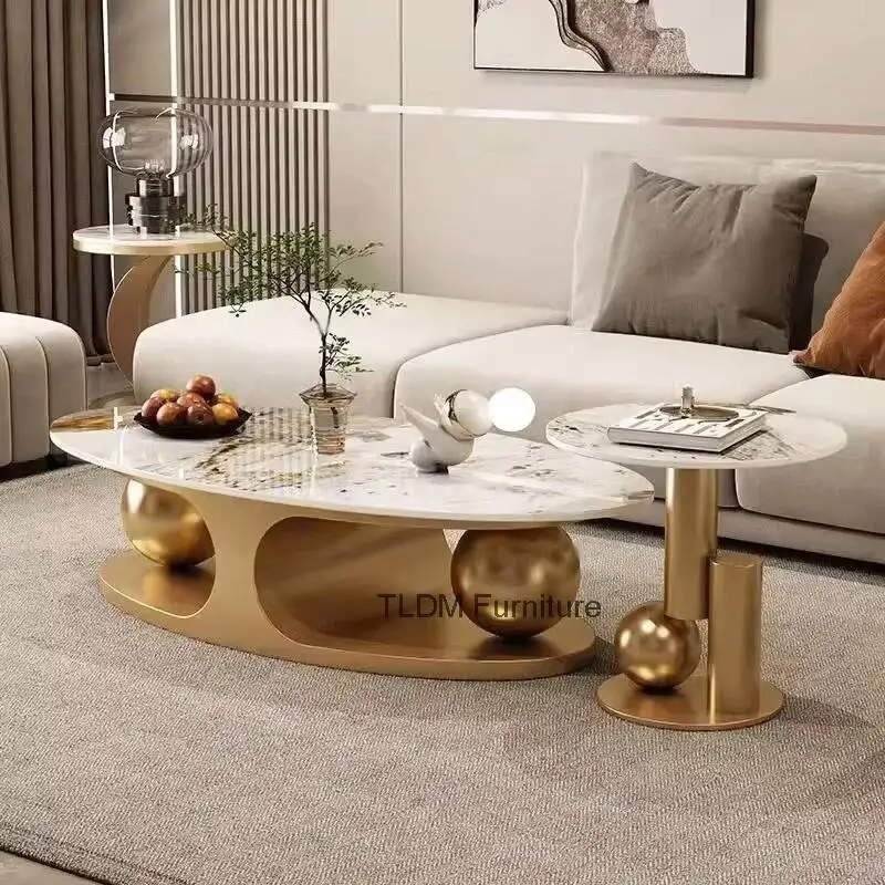 Furniture Nordic Italian Iron Tables Bright Living Room Rock Home Plate Art Coffee Corner Table Light Luxury Oval Side Table Set view 3