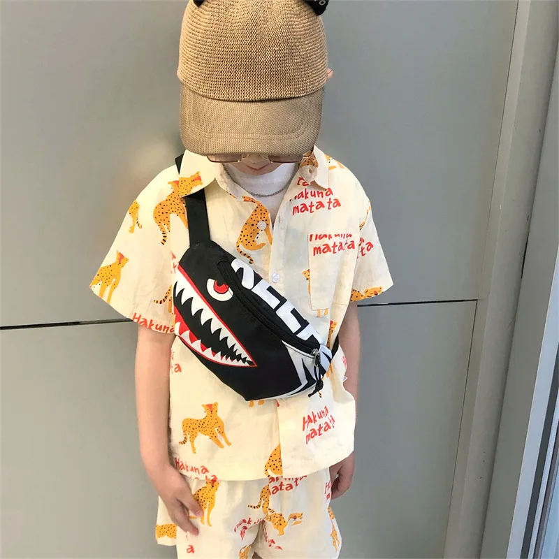 Fashion Boy Shark Pattern Fanny Pack Children Waterproof Nylon Crossbody Chest Bag Cartoon Shark Waist Bag Kids Birthday Gifts