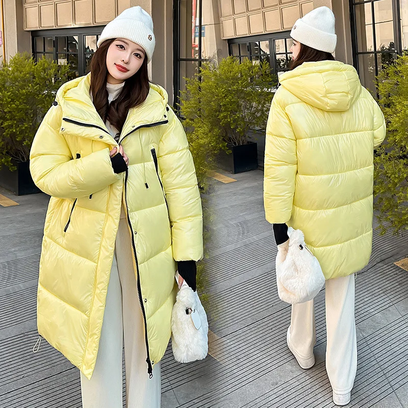 PinkyIsBlack 2025 New Autumn and Winter Cotton Padded Jacket Mid-length Thick Warm Hooded Glossy Puffer Jacket Coat Outwear