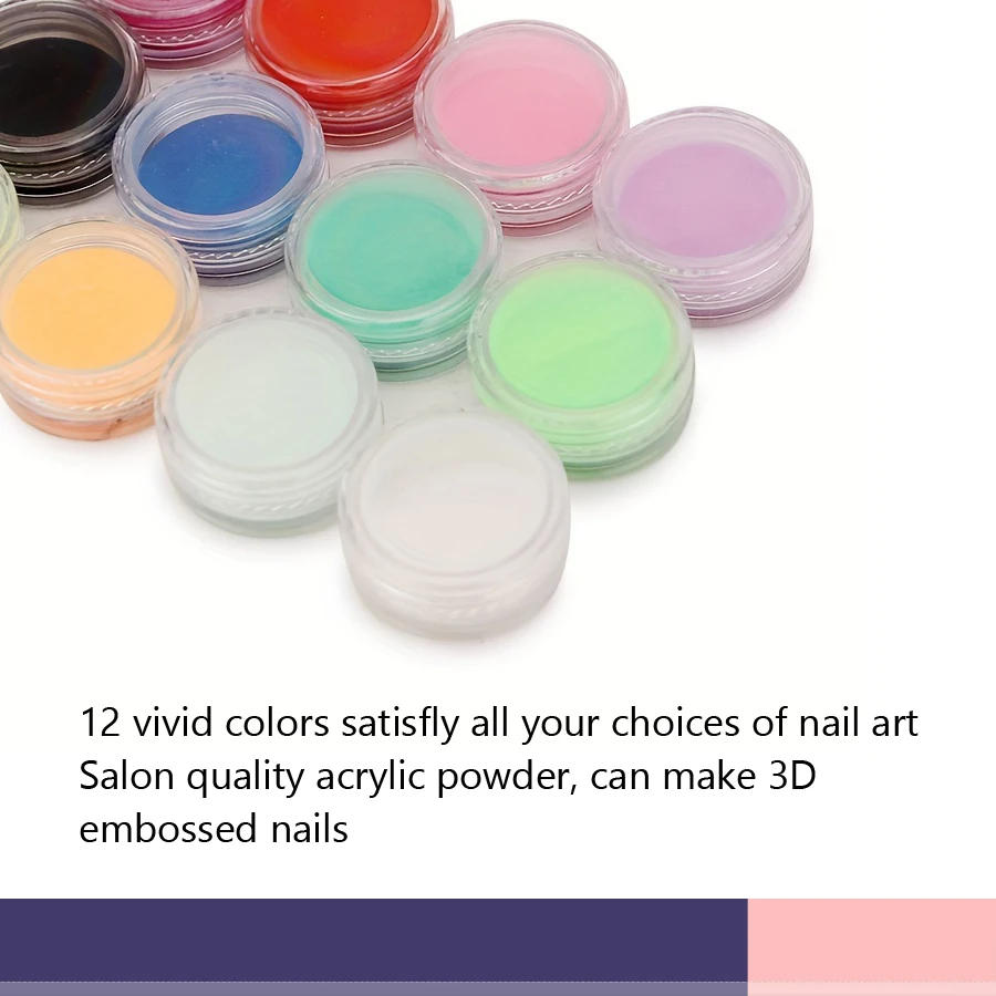 12 Colors Acrylic Powder for 3D Nail Art Designs, Nail Tips Extension, Acrylic Nails Application