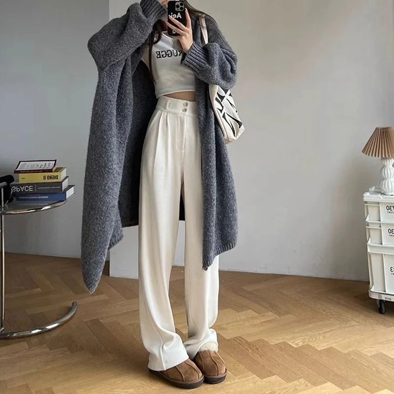 Pantalon de costume coréen en velours côtelé pour femmes, Baggy taille haute, jambes droites, classique de styliste, pantalon fin blanc