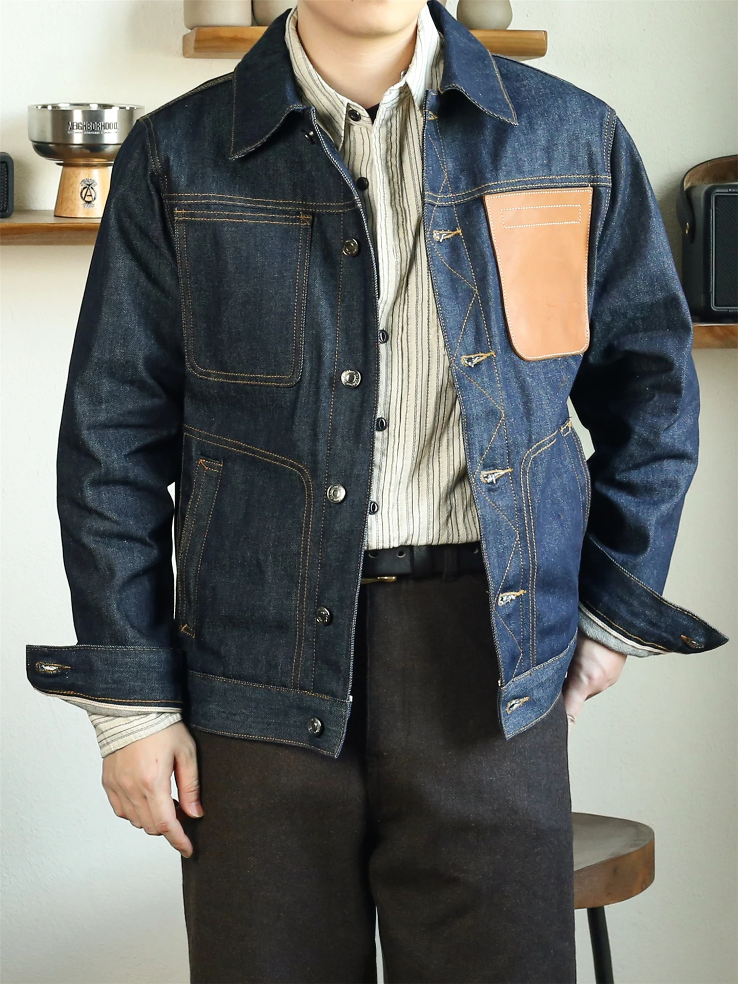 

Мужская джинсовая куртка в стиле ретро American Red Ear, плотная и жесткая, оригинальная, для осени, с карманами, прямого кроя, 100% хлопок