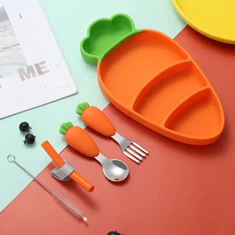 Plato de cena de silicona para niños, cuenco de zanahoria, tenedor de acero inoxidable 304, juego de vajilla, plato de comida suplementaria de comida para bebés