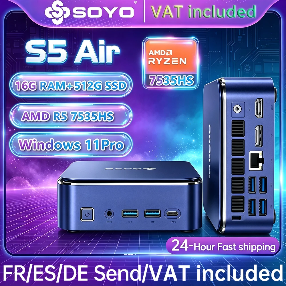 SOYO S5 Air Mini-PC AMD Ryzen 5 7535HS 16GB DDR5 512GB M.2 SSD Windows 11 Pro AMD Radeon Grafik Mini-Desktop-Computer Dual HDMI Type-C RJ45 Home Office Gaming Micro-PC