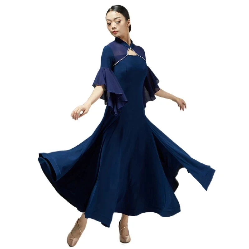 

2024 New Ballroom Dance Costume Women Mesh Patchwork Tango Dancing Peformance Dress Cheongsam Design Waltz Stage Wear