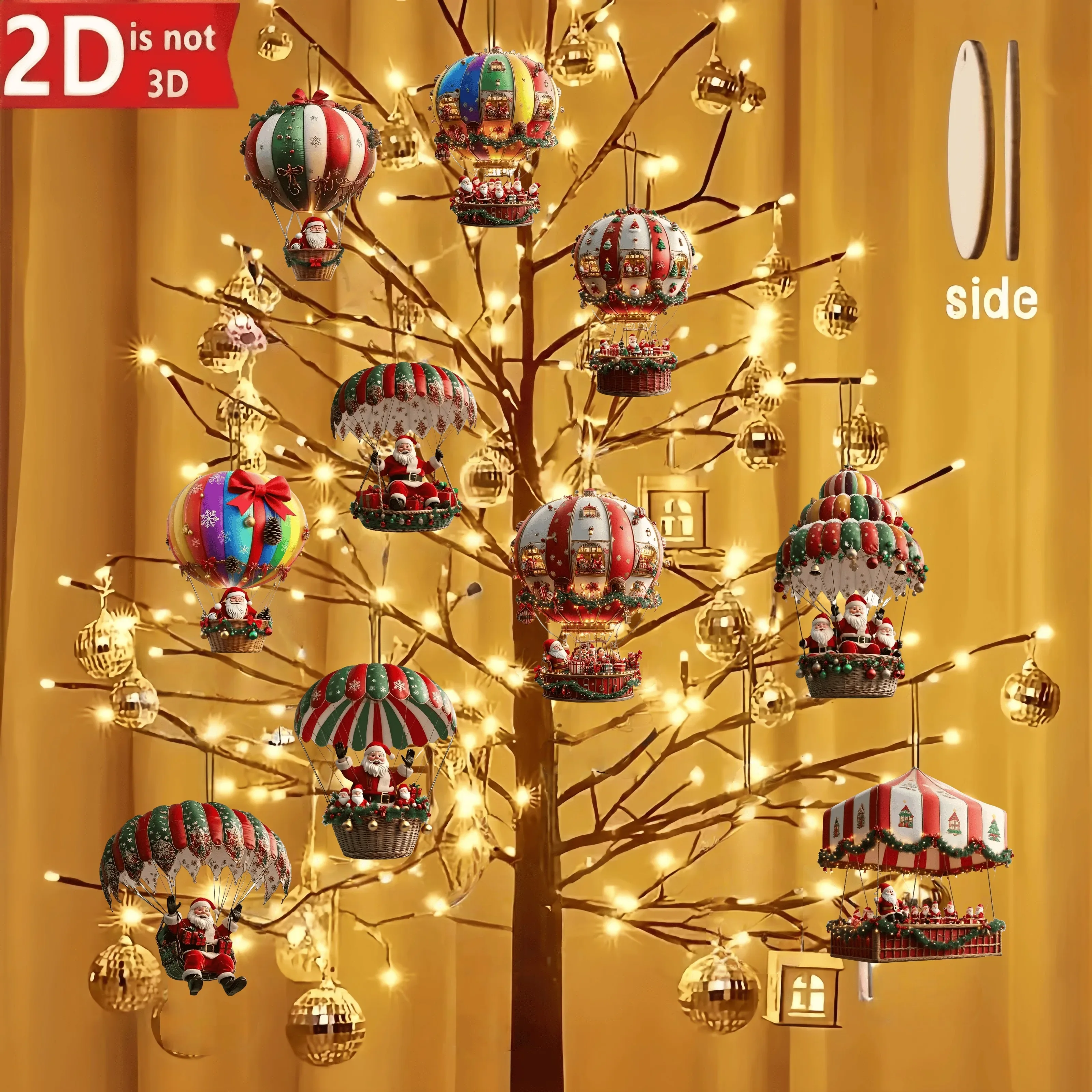 Ciondolo piatto in legno 2D Palloncino ad aria calda in legno di Natale Babbo Natale Decorazione dell'albero di Natale Decorazione regalo di festa 10 pezzi / borsa