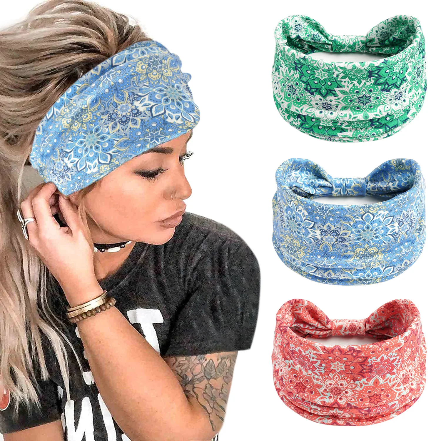 New Printed Flower Plant Pattern Hairband Bohemian African Women Headband Stretch Wide Version Knotted Hair Accessories