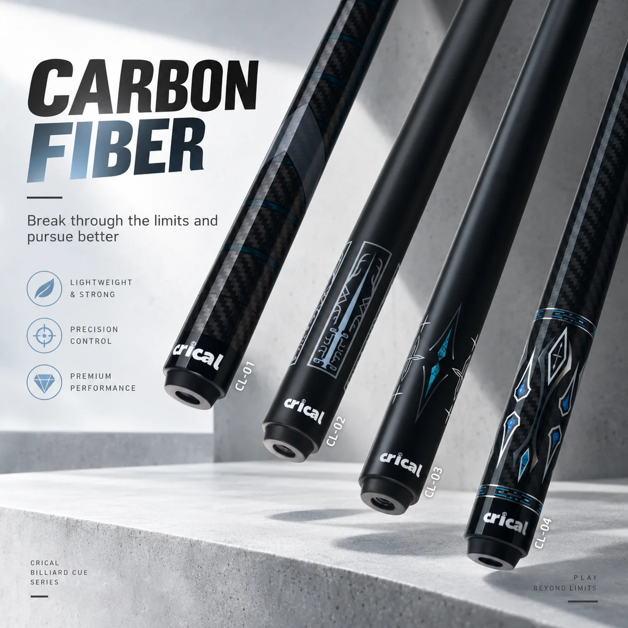 Pool Cue Carbon Fiber Low Deflection CL-01 12.5mm Sapphire Tip 147cm 3/8-8 Joint CRICAL by KONLLEN