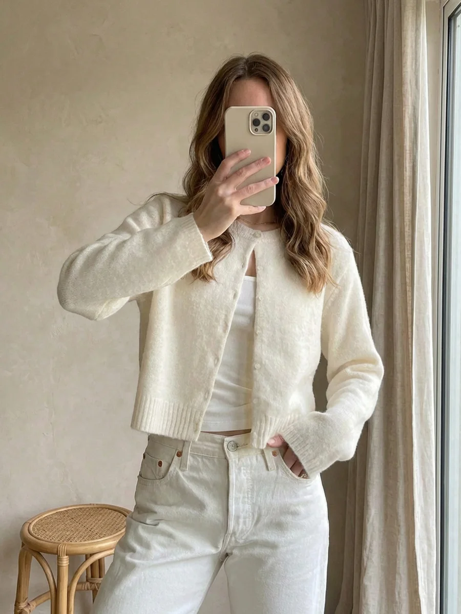 

Women's Short Knit Cardigan with Button Front, Soft Relaxed Fit, Crew Neck, Long Sleeve