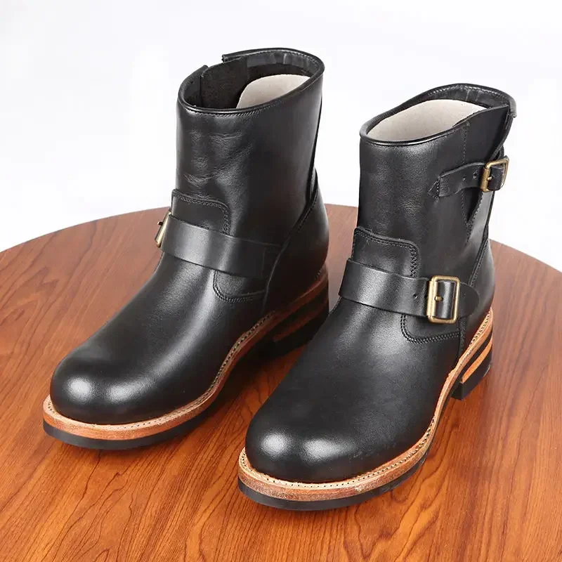 Goodyear-Welted Hand-lined Thickened Leather Engineer Boots American Vintage Mid-barrel Motorcycle Rider  Leather Boots Autumn