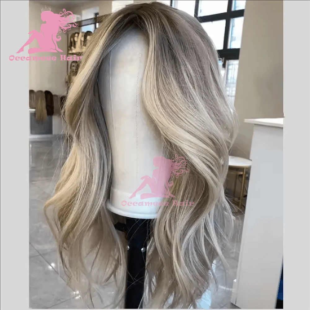 100% rambut manusia renda depan Wig gelombang alami Ombre pirang highlight warna transparan Wig wanita renda penuh rambut Remy Brasil