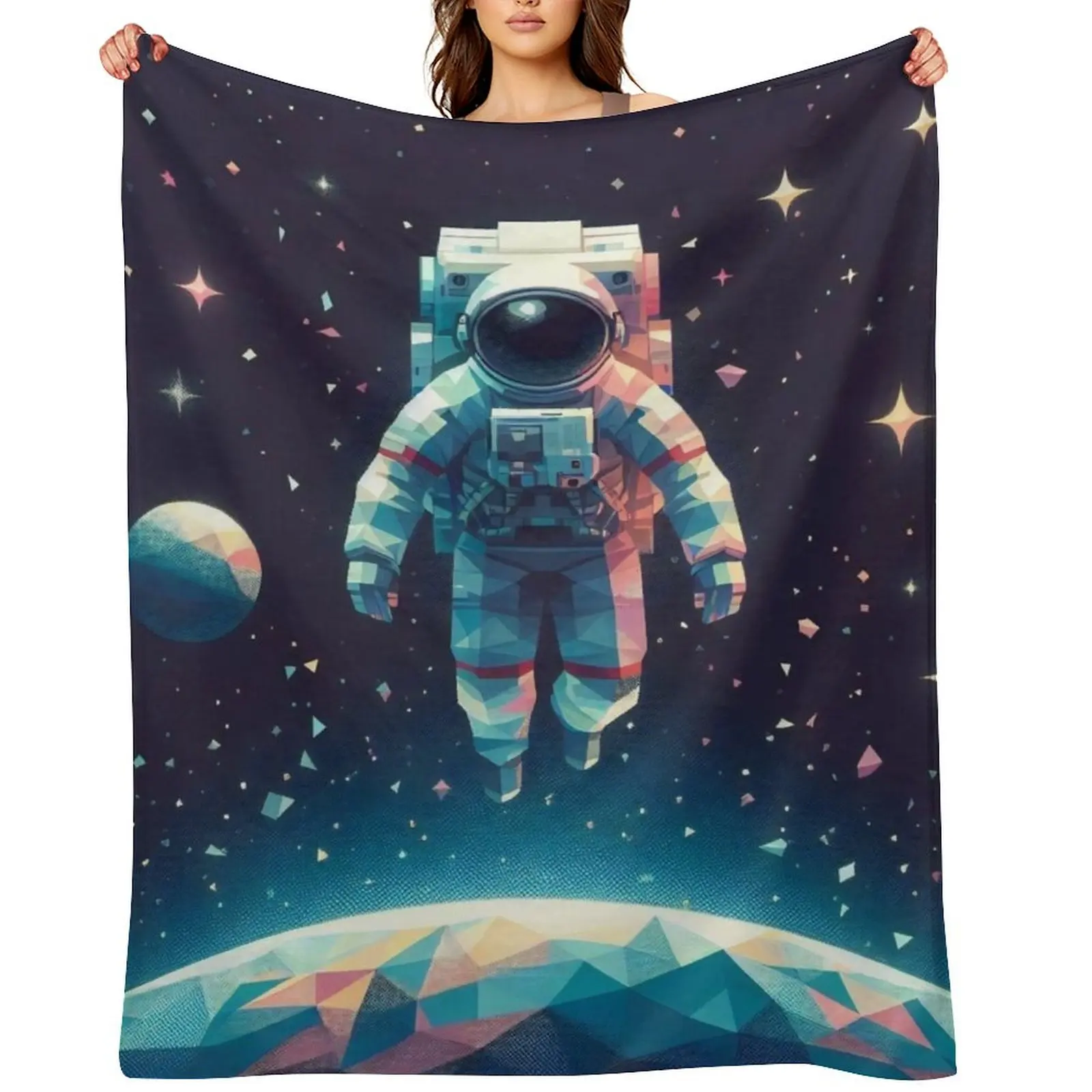 Astronaut Floating Above Geometric Planet in Starlit Galaxy Throw Blanket blankets ands Plush Thins Bed covers Blankets