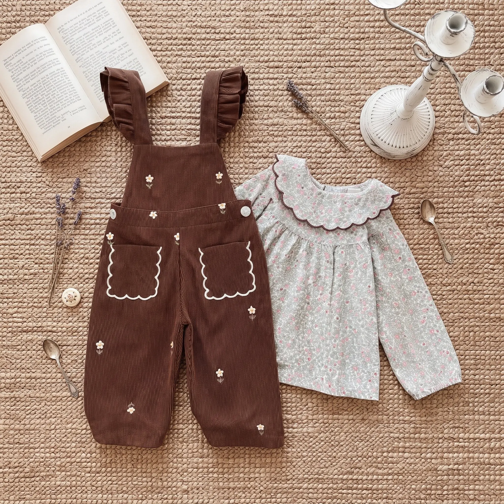 Baby-Mädchen-Bluse mit Blumenmuster und Peter-Pan-Kragen, langärmelig, braune Corduroy-Overalls mit Blumenstickerei und Rüschenbändern, 2-teiliges Set – Detail 4