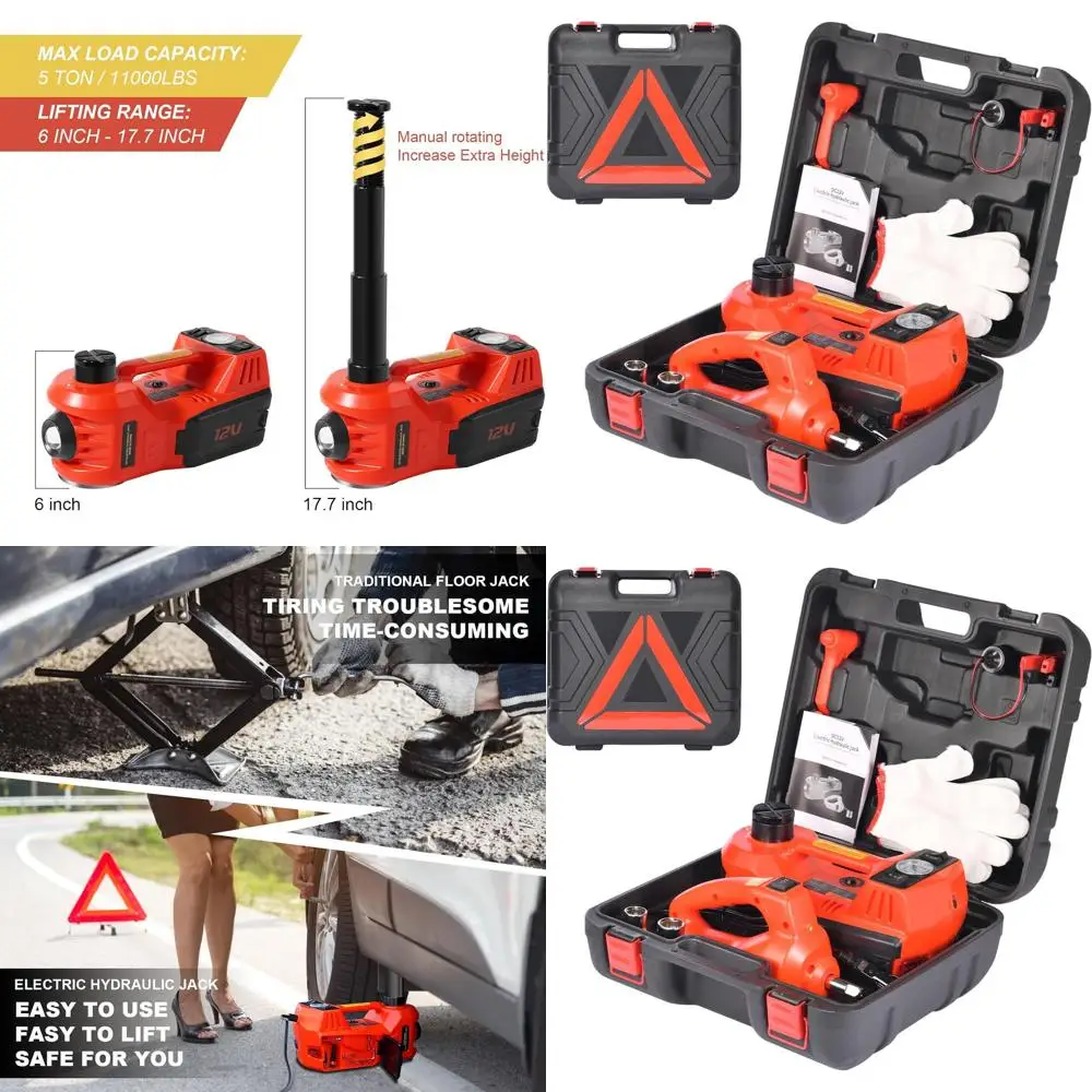 

Portable 5-Ton Electric Car Jack with LED Light, Fits Cars, SUVs, Trucks, Lift Range 6-17.7 Inches (Red)