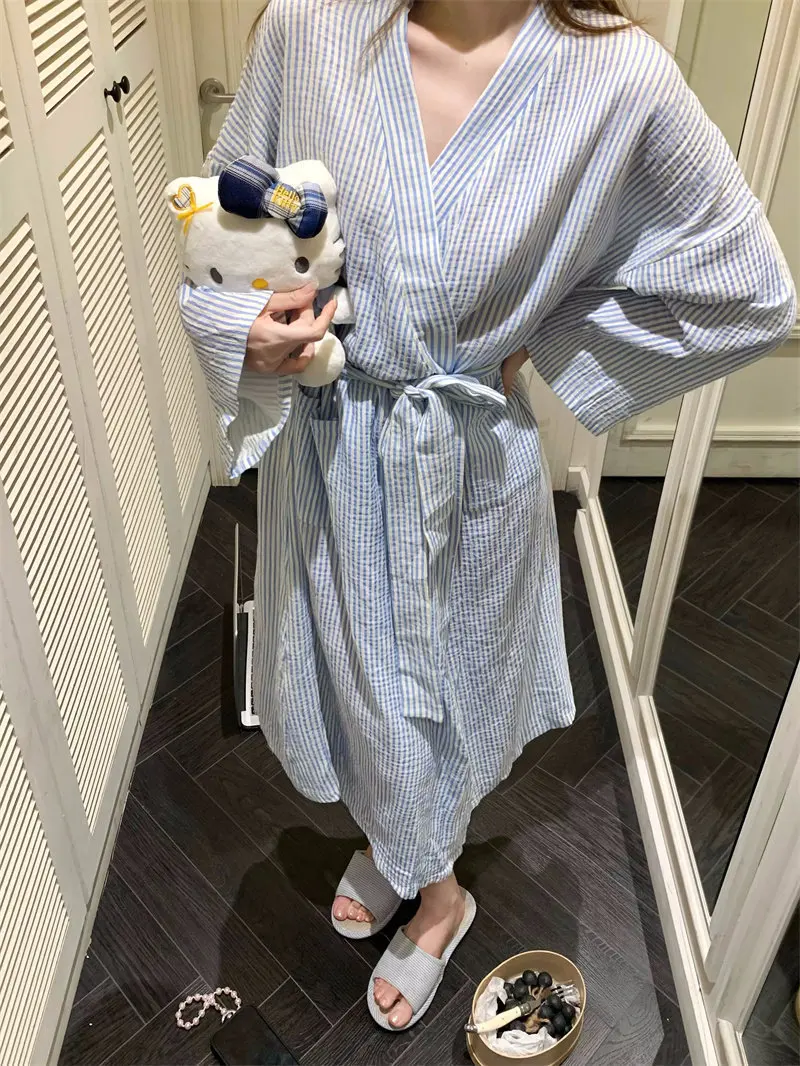 Blue Striped Nightgown, Women's Spring and Summer Long Sleeved Loose and Simple Casual Morning Gown, Home Wear, Nightgown image 4