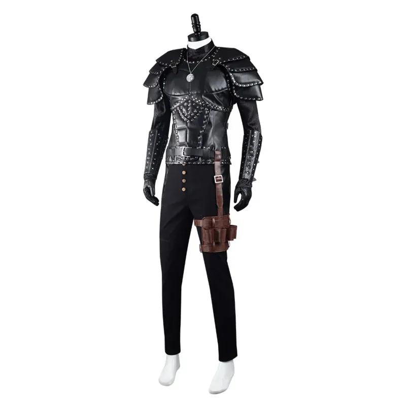 aa Bear House 002 Geralt of Rivia Cosplay Fantasia Costume Leather Jacket for Adult Man Uniform Top Pants Belt Outfit HaWAT99★★