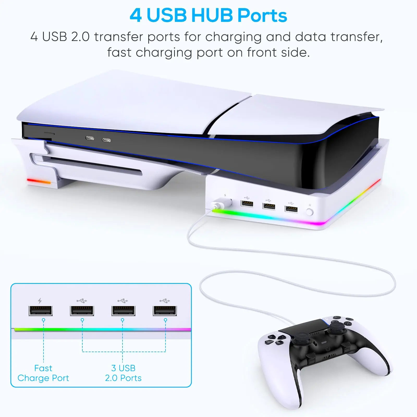 Support horizontal pour accessoires de console PS5 Slim avec 14 modes d'éclairage et 4 hubs USB, support latéral pour disque PS5 Slim et numérique