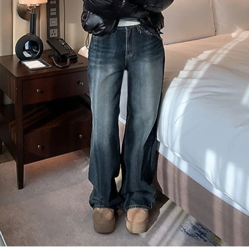 

Faionable Comfortable Women's Jeans Dongda Gate Sle Lightened White Straight Loose Long Denim Pants High Waist Blue Color