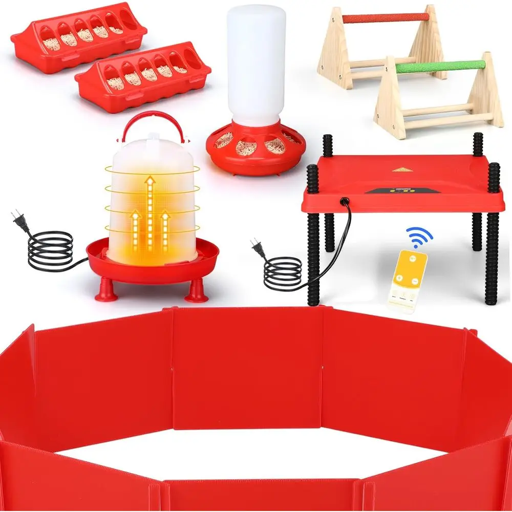 8 Pcs Chick Brooder for Starter Kit Include Heated Chicken Waterer Feeder Perch Flip Top Poultry Feeder Heating Plate Brooding B