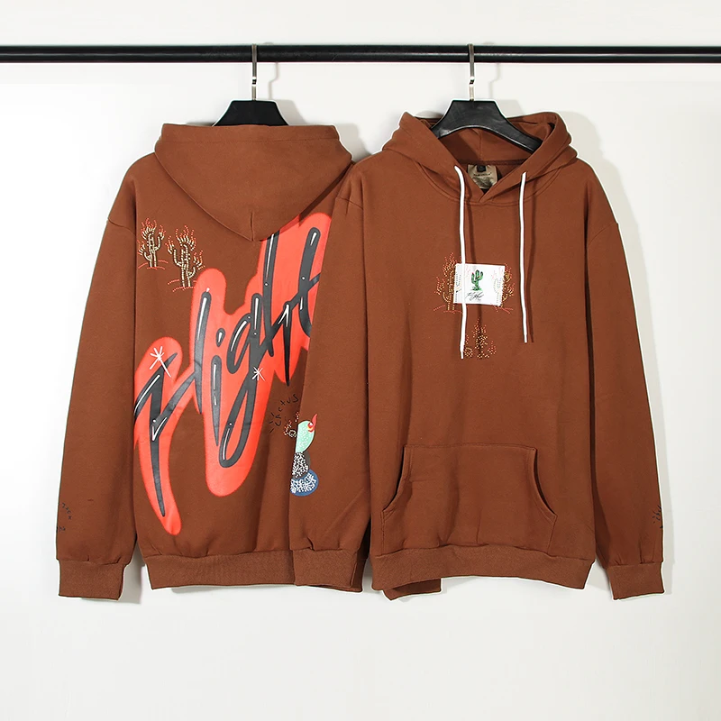 Cactus Jack Letter Brown Fleece Hooded Sweatshirts for Men High Street Baggy Casual Hoodies Unisex Oversized Pullover Hoody